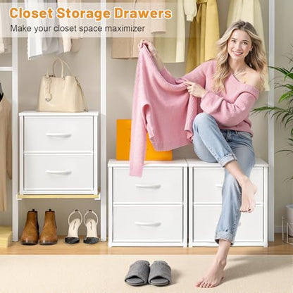 DAOUTIME 2-Pack Stackable Storage Drawers (4 Drawers Total), White Closet Organizer with Wooden Top & Metal Frame, Freestanding or Stackable Dresser for Bedroom, Living Room, Under Bed