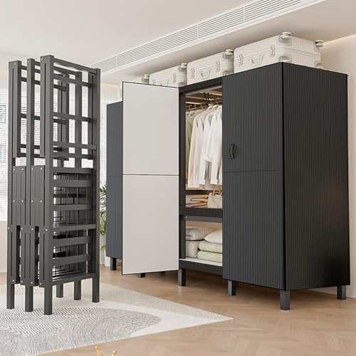 FPIGSHS 71in Heavy Duty Clothes Rack with Black Magnetic Door 1300LBS Foldable Portable Wardrobe Closet for Hanging Clothing metal Garment Rack Closet System for Bedroom,Apartments,rentals (A, 71in) - color: A, size: 71in