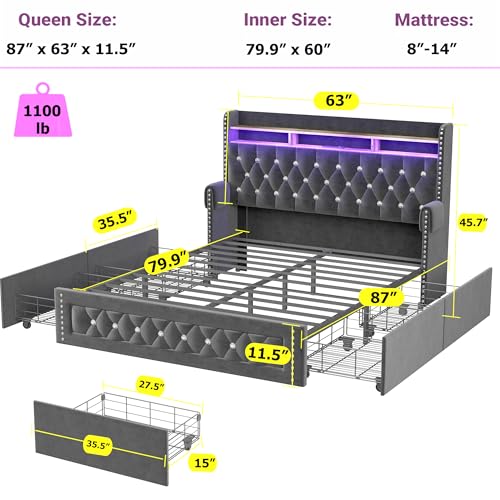 Ailisite Queen Size Bed Frame with 4 Storage Drawers, Velvet Upholstered Queen Platform Bed with Charging Station and Bookcase Storage Headboard and Led Lights, Wingback Headboard with Crystal, Grey - color: Grey, size: Queen
