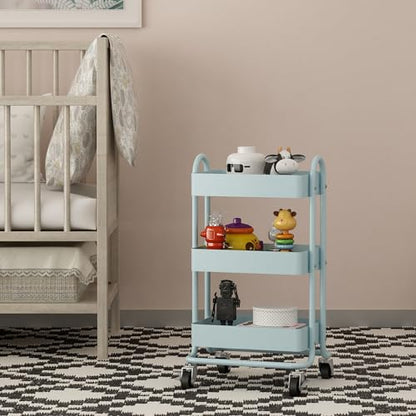 Metal Rolling Cart,3-Tier Metal Rolling Cart with Wheels,3 Tier Utility Cart with Wheels for Office,Home,Kitchen,Garden（13.4"x18.1"x31"） Blue - color: Blue, size: 31"H