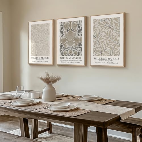 Framed William Morris Canvas Wall Art Set of 3, Vintage Large Neutral Botanical Floral Prints, Nature Artwork for Living Room, Bedroom, Hallway or Office Decor, 16x24 Inch - color: Vintage, size: 16"W x 24" H x 3Pcs