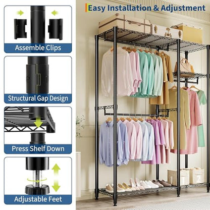 Freestanding Heavy Duty Garment Rack, Large, Black | Adjustable Shelves and Hanging Rods, 700 Lbs Capacity, Portable Closet Organizer, For Bedroom or Cloakroom Storage - size: 41.6"D x 15.5"W x 76.5"H