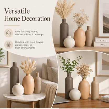 Ceramic Vase Set of 4 – Handmade Modern Minimalist Vases for Dried or Fresh Flowers, Matte Decorative Neutral Vases for Living Room, Table, Shelf & Entryway