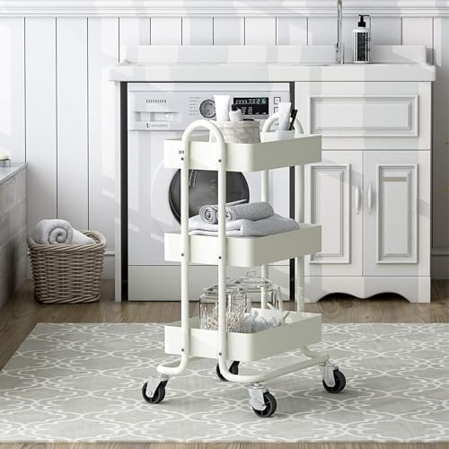 Metal Rolling Cart,3-Tier Metal Rolling Cart with Wheels,3 Tier Utility Cart with Wheels for Office,Home,Kitchen,Garden（13.4"x18.1"x31"） White - color: White, size: 31"H