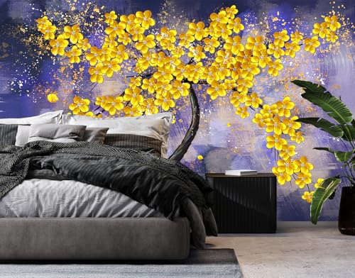 Yellow Flower Tree Wall Mural Purple Background Wallpaper | 151"x96", for Bedroom Living Room Bathroom, Textured Fabric, Not Peel and Stick - color: Mural 02, size: 151" x 96"