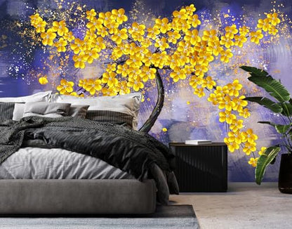 Yellow Flower Tree Wall Mural Purple Background Wallpaper | 151"x96", for Bedroom Living Room Bathroom, Textured Fabric, Not Peel and Stick - color: Mural 02, size: 151" x 96"