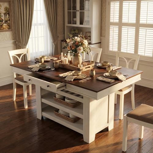 IDEALHOUSE 60" Wood Dining Table for 4-6, Counter Height Kitchen Table with Wine Rack and 2 Drawers, Open Shelves and Sturdy Legs, 4-Tier Stationary Kitchen Island for Dining Room and Kitchen - color: White