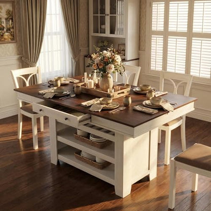 IDEALHOUSE 60" Wood Dining Table for 4-6, Counter Height Kitchen Table with Wine Rack and 2 Drawers, Open Shelves and Sturdy Legs, 4-Tier Stationary Kitchen Island for Dining Room and Kitchen - color: White
