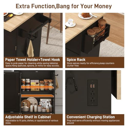 chartustriable 51" Kitchen Island with Drop Leaf,Kitchen Island Cart W/Rolling Trash Cabinet,Folding Drop Leaf,2 Drawers,Movable Carts on Wheels with Spice Rack&Towel Rack for Home, Dining Room - color: Black, size: 29.5"D x 51.2"W x 35.8"H