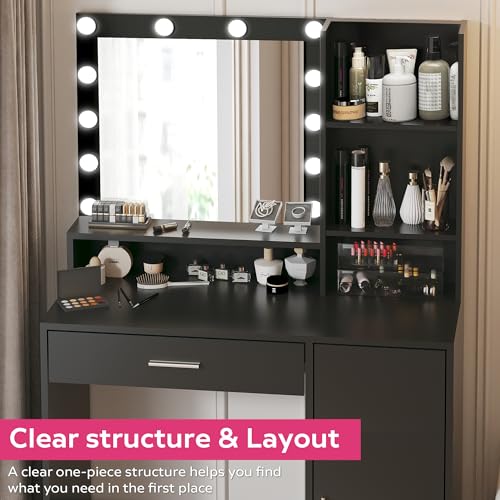 Palimder Vanity Desk with Mirror & Light, Large Drawer Three Level Storage Dresser, 3 Lighting Modes Adjustable Brightness, Bedroom Dressing Table - color: Black