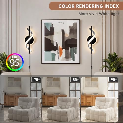 Black Plug in Wall Sconces Sets of 2, 12W Modern Spiral LED Wall Lamp, 3000K Warm White Wall Light Fixture for Stairs Living Room Bedroom Aisle Hallway - color: Black-Warm White