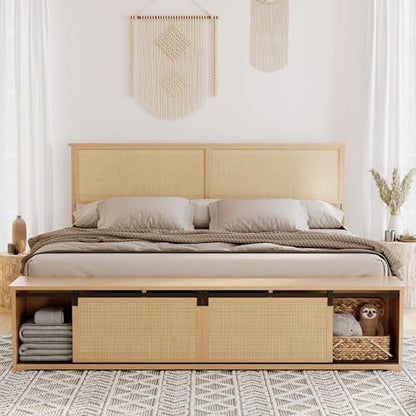 GarveeHome Natural Rattan Queen Size Bed Frame with Storage Cabinets | Cabinet with Sliding Barn Door, LED Light Headboard, Solid Wood Legs Support, No Box Spring Needed - size: Queen