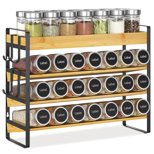 EsLuker.ly Spice Seasoning Rack Organizer Kitchen Countertop, 4 Tier Bamboo | Spice Shelf Holder Storage with 4 Hooks, Wall Mounted Freestanding Stand for Pantry, Quick Spice Access(Jars Not Included) - color: Bamboo+Black