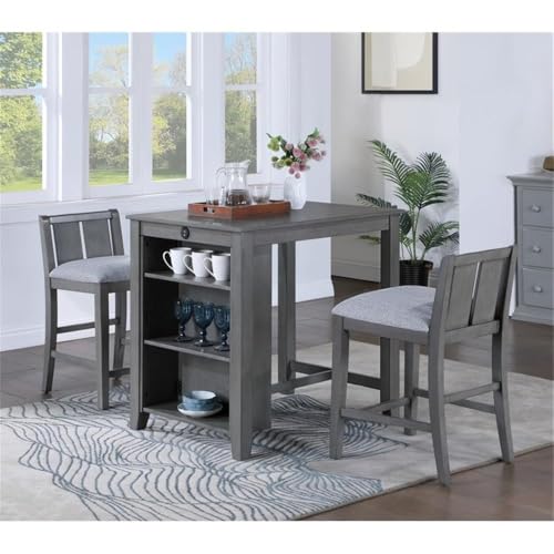 Lilola Home Graham 3-Piece Gray Finish Small Space Counter Height Dining Set with USB Charging Ports, Storage Shelves, and 2 Upholstered Chairs — Space-Saving Table & Chair Set for Apartments - color: Grey
