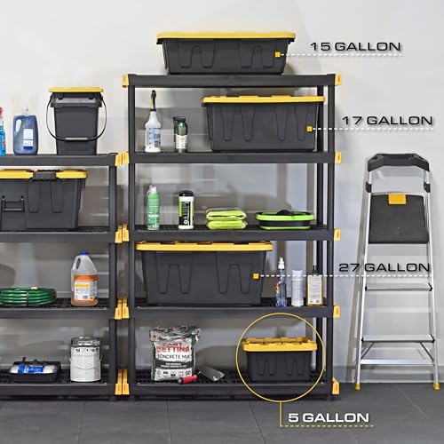 BLACK & YELLOW 5-Gallon Stackable Plastic Storage Bins with Lids, 6 Pack | Small heavy-duty storage totes for garage, closet, classroom & home organization, 8.6H x 12.3W x 16.4D, Black & Yellow