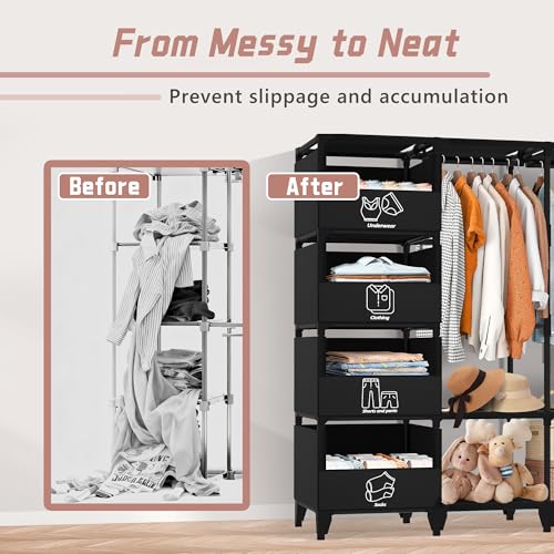 Portable Closet, Easy Assembly, Large Capacity Wardrobe Closet | Sturdy and Stable Clothes Rack with Shelves 4 Storage Baskets and 2 Hanging Rods, for Bedroom and Cloakroom 50 In Black - color: Black