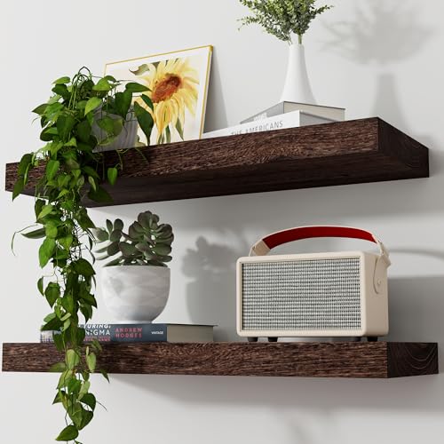 Floating Shelves, 2 Pack 8 Inch Deep Rustic Solid Wood Wall Shelves for Storage, Wall Mounted Display Shelving with Invisible Heavy-Duty Metal Bracket, 24" W x 8" D x 1.6" H, Rustic Brown - color: Rustic Brown, size: 24" W, 2-Pack