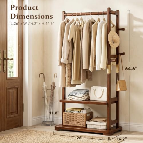 Coat Rack Solid Wood Hall Tree Storage 2 Shelves 5 Hooks | Entryway hallway bedroom, durable solid wood construction, freestanding storage design, coats hats bags wallets - size: Walnut - L:26''D x 14.2 ''Wx 64.6 ''H(No Wheels)