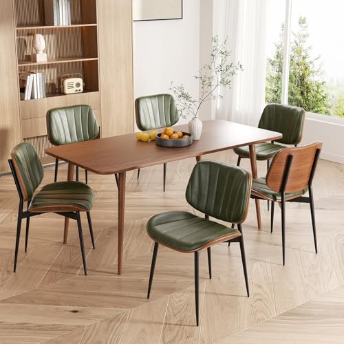Dining Chairs Set of 4, Mid Century Modern Dining Room Chairs, Upholstered Faux Leather Kitchen Chairs with Walnut Bentwood Back and Metal Legs, Green - color: Green, size: Set of 4