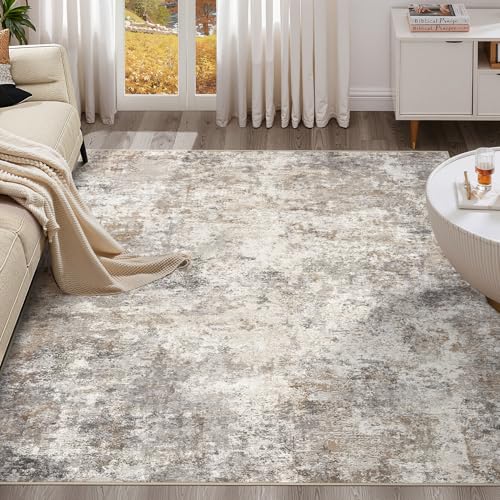 UERMEI Square Area Rugs : Washable 8x8 Neutral Modern Abstract Carpet for Living Room Bedroom - Soft Floor Mat with Non Slip Backing for Kitchen Nursery Dorms Farmhouse Home Decor - Brown Grey - color: Brown Grey, size: 8' x 8' (Square)