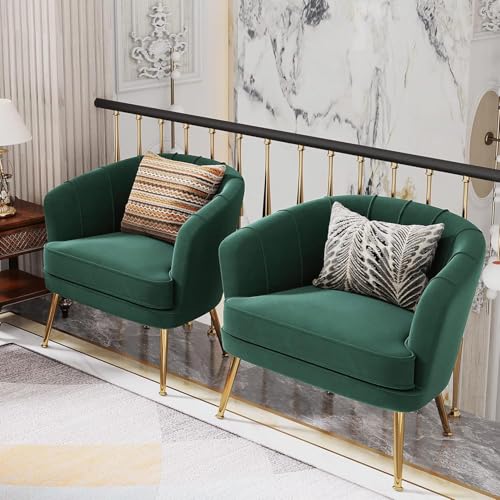 Velvet Accent Chair Set of 2, Barrel Armchair, Green | Velvet Upholstery, Golden Metal Legs, Comfy Barrel Back, Modern Style, Living Room Bedroom Office - color: Green, size: 2 Chairs
