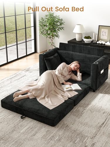 51" Loveseat Convertible Sofa Bed with Cup Holder, Small Couch 2 in 1 Pull Out Sleeper Couch, Floor Folding Couch Sofa with Two Pillows for Living Room, Apartment, Dorm (Black) - color: Black