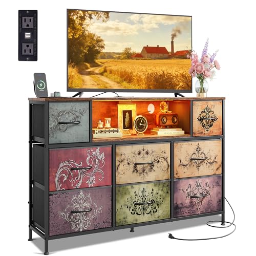 WLIVE LED Dresser TV Stand for 55 Inch TV, 8 Drawers, Pattern | Fits TVs up to 55 inch, 8 fabric drawers, LED chest of drawers, Built-in power outlet, Living room or bedroom - color: Pattern