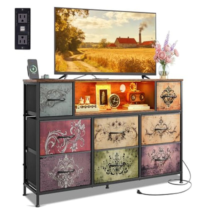 WLIVE LED Dresser TV Stand for 55 Inch TV, 8 Drawers, Pattern | Fits TVs up to 55 inch, 8 fabric drawers, LED chest of drawers, Built-in power outlet, Living room or bedroom - color: Pattern