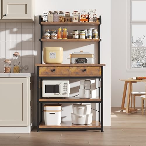 Mexin Bakers Rack with Power Outlets, 5-Tier Microwave Oven Stand with 2 Drawers, Kitchen Stand Coffee Bar Table with Storage, Heavy Duty Kitchen Shelves(Brown) - color: Rustic Brown