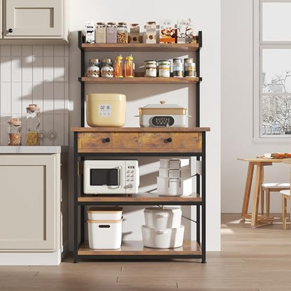 Mexin Bakers Rack with Power Outlets, 5-Tier Microwave Oven Stand with 2 Drawers, Kitchen Stand Coffee Bar Table with Storage, Heavy Duty Kitchen Shelves(Brown) - color: Rustic Brown