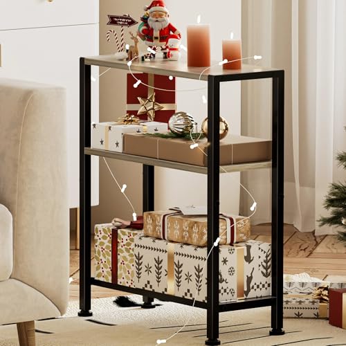 Narrow Side Table Set of 2 for Small Space, 2-Tier Small End Table with Shelf Holder, Slim Nightstand, Skinny Snack Couch Table in Living Room, Bedroom, Study, Kitchen and Balcony (Greige) - color: Greige