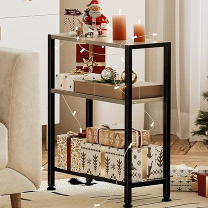 Narrow Side Table Set of 2 for Small Space, 2-Tier Small End Table with Shelf Holder, Slim Nightstand, Skinny Snack Couch Table in Living Room, Bedroom, Study, Kitchen and Balcony (Greige) - color: Greige