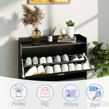 Black Shoe Cabinet for Entryway: 65" Shoe Cabinet with 4 Flip Drawers | Ultra Thin Shoe Cabinet Storage for Entryway, Fluted Shoes Rack Hidden, Modern Slim Shoe Organizer Cabinet for Hallway - size: 4 drawers