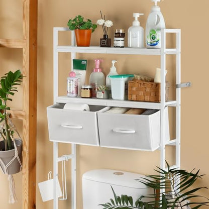 YBING Over The Toilet Storage Cabinet, Over Toilet Bathroom Organizer with Drawer, Roll Holder and Hooks, Bathroom Storage Cabinet, Wooden, White - color: Whtie