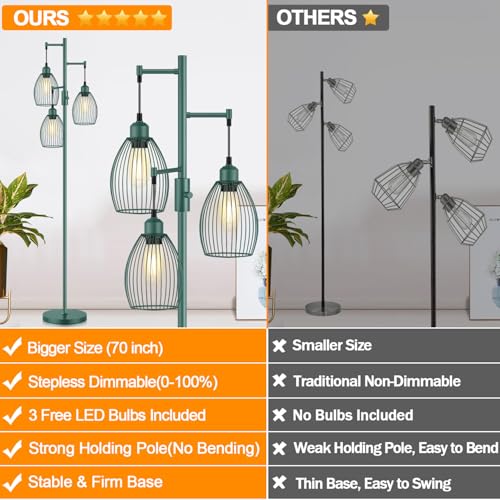 Dimmable Floor Lamp, Industrial Floor Lamps for Living Room, Green Tree Lamp Standing Lamp Tall Lamps with 3 Elegant Teardrop Cage Head & 800 Lumens LED Bulbs for Living room Bedroom Dining Room - color: Green-70 inches