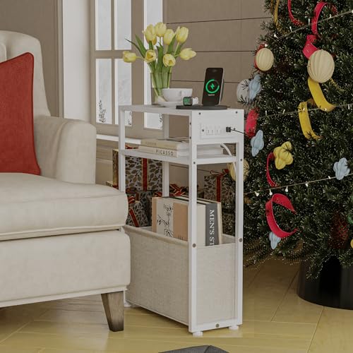 Leomonio White Side Table with Charging Station, Slim End Tables with Linen Basket, Skinny Table for Small Spaces, Thin Bedside Table for Living Room, Bedroom - color: White + Camel Brown - Outlet