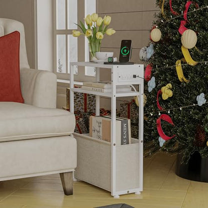 Leomonio White Side Table with Charging Station, Slim End Tables with Linen Basket, Skinny Table for Small Spaces, Thin Bedside Table for Living Room, Bedroom - color: White + Camel Brown - Outlet