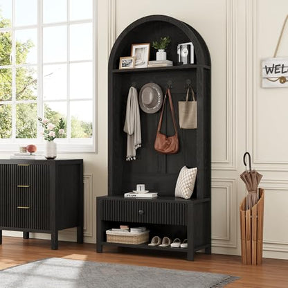 70.86-inch Entryway Hall Tree, Farmhouse-Style Wooden Coat Rack Freestanding, Entryway Organizer with Four Hooks, Standing Shoe Rack with Bench for Hallways, Foyers, and Living Rooms, Black - color: Black