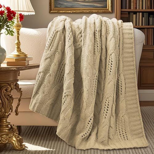 Chunky Knit Throw Blanket, Dual-Sided Soft Chenille Breathable Cable Knitted Blanket for Couch, Farmhouse Decorative Throw for Sofa & Chair, 60"x80", Beige - color: Beige, size: Cable Knit 60"x80"