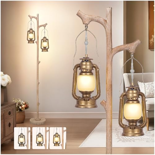 Scenekoy Vintage 68” Tall Resin Floor Lamp with Lanterns, Dimmable | Antiques Tree Trunk Finish Retro Standing Lamp, Stand Up Corner Lamp with Bulb Prefer for Living Room Bedroom Home Decor - color: Antique Brass
