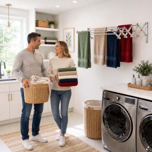 Wall Mounted Clothes Drying Rack | Adjustable to Fit Your Space | 20 Linear Feet Drying Capacity | 8 Stainless Steel Rods | 60 lb Capacity | Fully Assembled | Compact Space-Saving Design