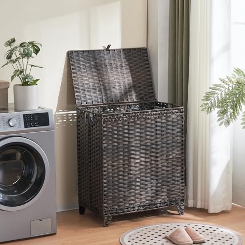 Laundry Hamper with Lid, 190L Large Laundry Basket 3 Section with 6 Removable Liner Bags & 3 Mesh Laundry Bags, Handwoven Rattan Clothes Hamper with Heightened Feet, No Install Needed, Brown - color: Brown