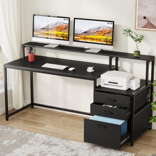 Tribesigns 63 Inch Computer Desk with File Drawer Cabinet, Home Office Desk | Ergonomic Office Desk with Monitor Stand, Industrial Computer Table with Printer Space, PC Table Workstation Desk, Black - color: Black