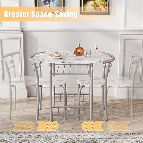 JUMMICO 3-Piece Wooden Round Table & Chair Set | Kitchen Breakfast Nook Wood Grain Tabletop with Metal Frame and Built-in Wine Rack for Kitchen, Dining Room (White/Silver) - color: White/Silver