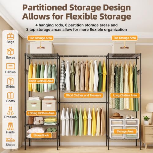 Expandable Clothes Rack, 15.7" D x (70.9"-90.6") W x 76.8" H, Black | Freestanding Wire Garment Clothing Rack with 4 Hanging Rods, Max Load 1000lbs, Adjustable, Heavy Duty - color: Black