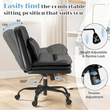 Furmax Criss Cross Legged Office Chair with Wheels, Armless Extra Wide Seat Swivel Desk Chair, Adjustable Height Comfy Task Chair with Thick Cushion for Home Office Bedroom Vanity (PU Leather, Black) - color: Black
