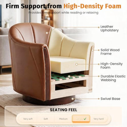 360° Swivel Accent Chair, Faux Leather Swivel Barrel Chairs | Nailhead Trim & Wood Base, Round Armchair Club Chair, Modern Reading Chairs for Living Room (BX01, Wood Brown) - color: Wood Brown