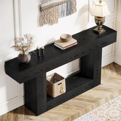 Tribesigns 63" Console Table, Farmhouse 2-Tier Entryway Table with U-Shaped Base, Narrow Long Wood Sofa Table Behind Couch Table for Living Room, Hallway, Foyer, Black - color: Black