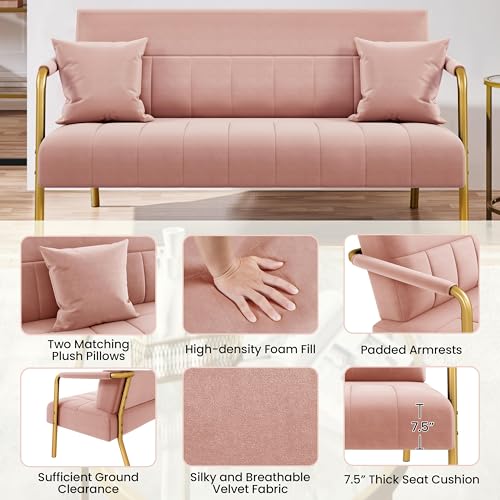 Yaheetech 56.5" Smal Sofa 2 Seater Couch with Gold-Tone Legs, Pink | Small Sofa Loveseat Velve 2 Seater Couch with Tufted Back Gold Metal Frame 2 Pillows for Office, Studio,Living Room - color: Pink, size: 56.5" W
