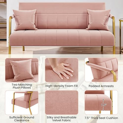 Yaheetech 56.5" Smal Sofa 2 Seater Couch with Gold-Tone Legs, Pink | Small Sofa Loveseat Velve 2 Seater Couch with Tufted Back Gold Metal Frame 2 Pillows for Office, Studio,Living Room - color: Pink, size: 56.5" W